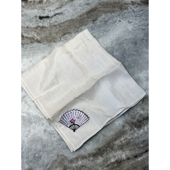 VINTAGE silk-like handkerchief embroideried Japanese Fan Lotus Flower Two Ducks - Picture 1 of 7